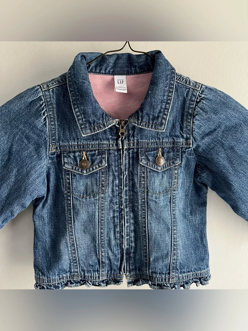 Baby Gap Girls Denim Jacket 18-24 Months Pink Lined Jean Jacket Ruffle Hem